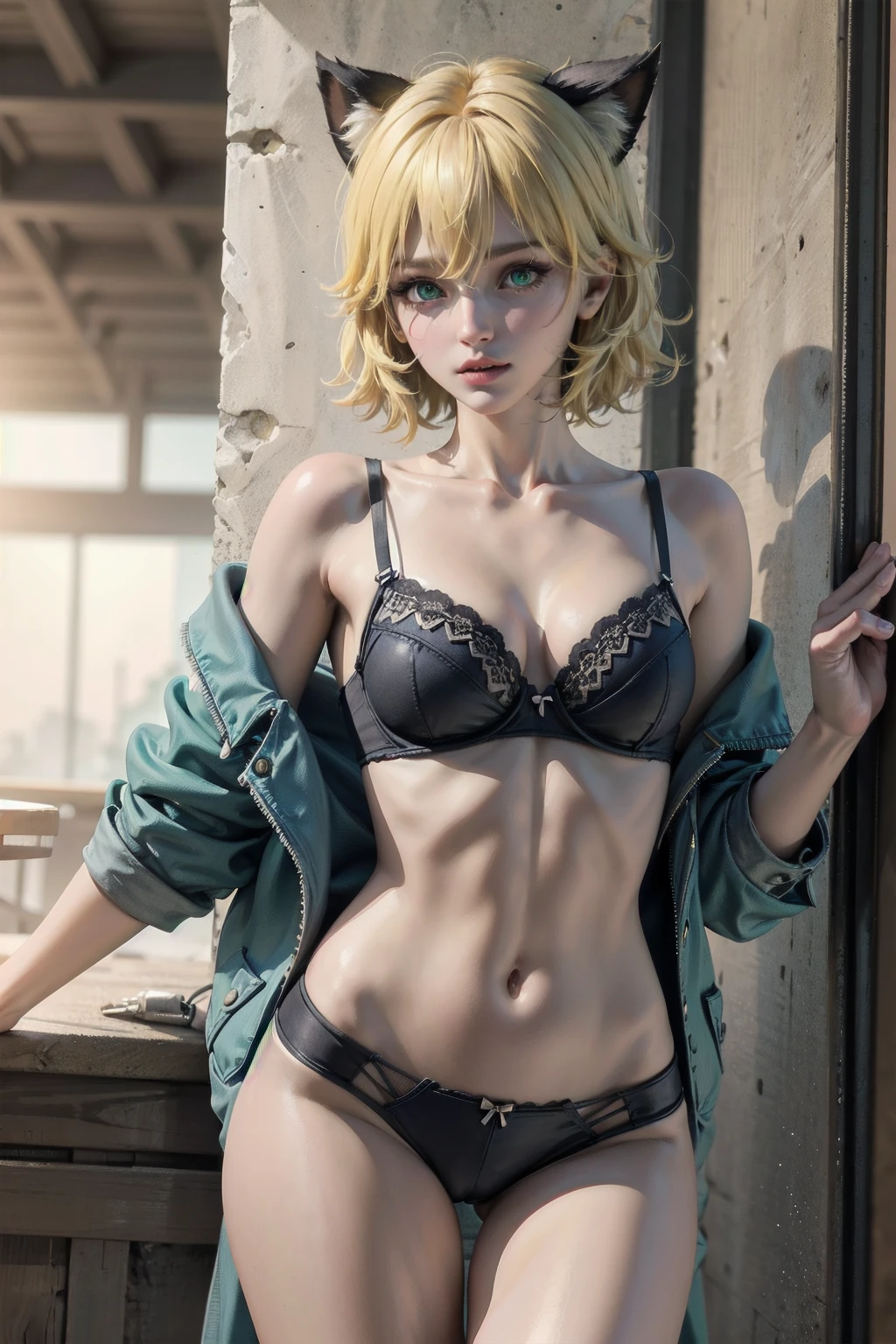 (masterpiece), (best quality), (photorealistic), uhd, high resolution, 1girl ((small breats)), best anatomy, bra, lingerie, accurate anatomy, short hair, messy hair, yellow hair, bangs, hair between eyes, animal ears, green eyes, young female, teen female 