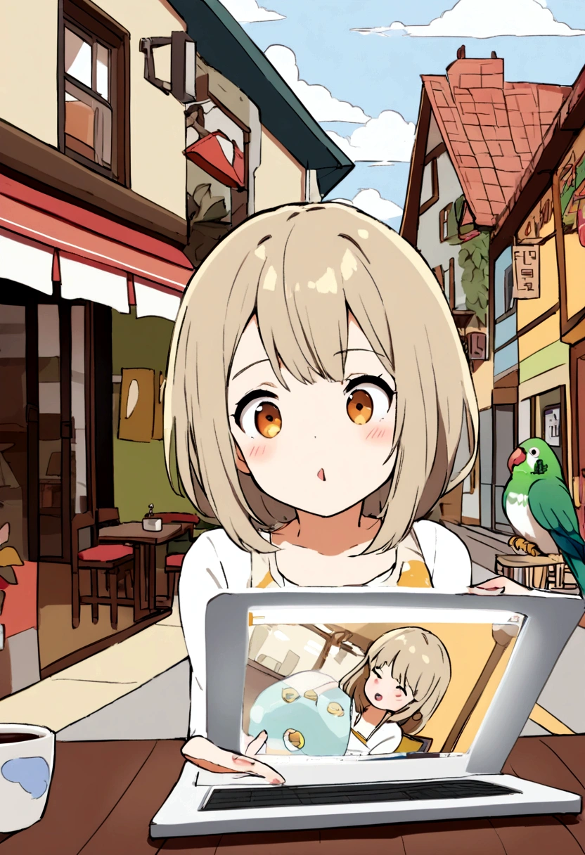 A girl eating fried egg and bread at a coffee shop（Her hair is brown and bob-like.、OL style）is using a laptop computer、Parakeet on a girl&#39;s head（Yellow face、Body is grey）A cute and high-resolution picture of the scenery with