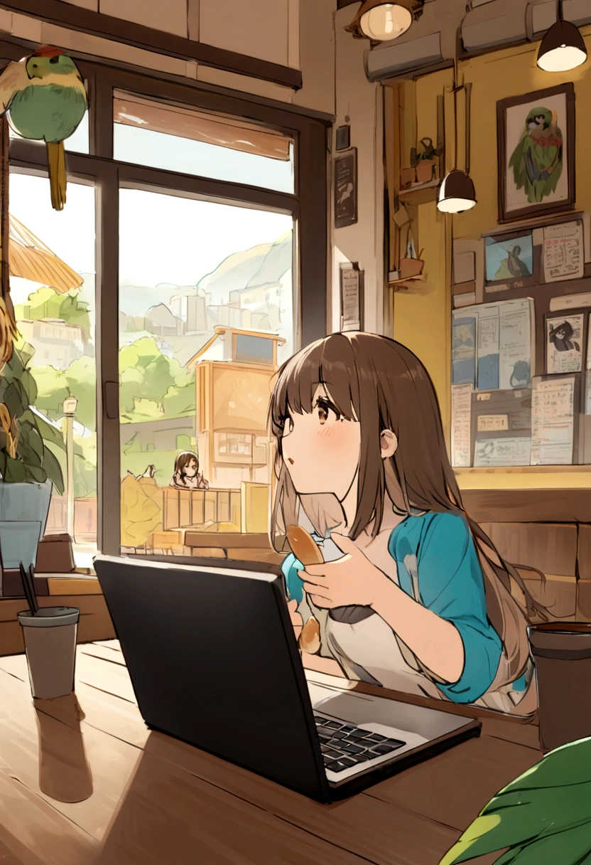 A girl eating fried egg and bread at a coffee shop(Her hair is brown and bob-like.、OL style)is using a laptop computer、Parakeet on a girl's head(Yellow face、Body is grey)A cute and high-resolution picture of the scenery with