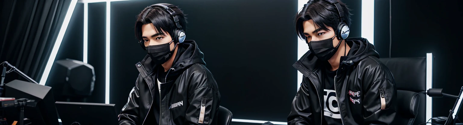 A anime boy sitting in his youTube studio he is wearing classic headphones he is wearing black mask he is wearing black jacket jacket have light on zippes 