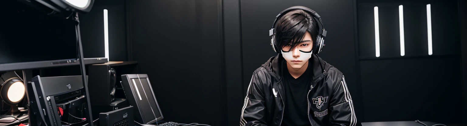 A anime boy sitting in his youTube studio he is wearing classic headphones he is wearing black mask he is wearing black jacket jacket have light on zippes