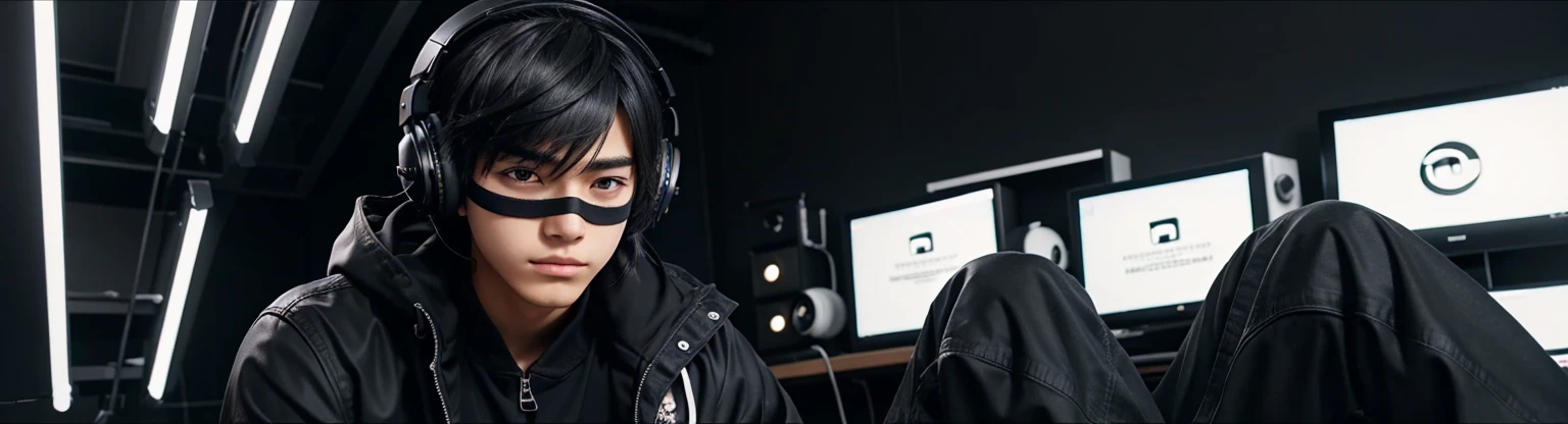 A anime boy sitting in his youTube studio he is wearing classic headphones he is wearing black mask he is wearing black jacket jacket have light on zippes