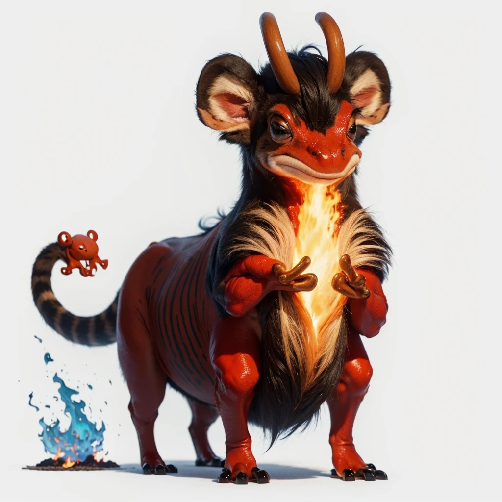 Small Animaly, (tall animal), has reds stripes on his skin, his body is shaped like a mammoth but his face is like a frog and a fire, Grassroots background