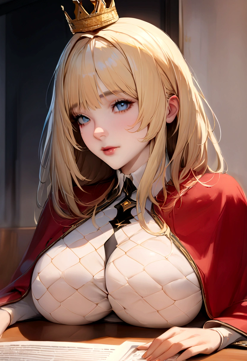 (masterpiece: 1.2, Highest quality), Highest quality, masterpiece, Very detailed, Semi realistic, 1 Girl, Mature Woman, 21 years old, Blonde Short Hair, The left eye is covered with hair, blue eyes, King's Clothes, Red Cape, Slim figure, See-through clothing、Large Breasts、A crown made of precious gold, Document reading and markup, Goose hair pen, Office Table, Soft bench