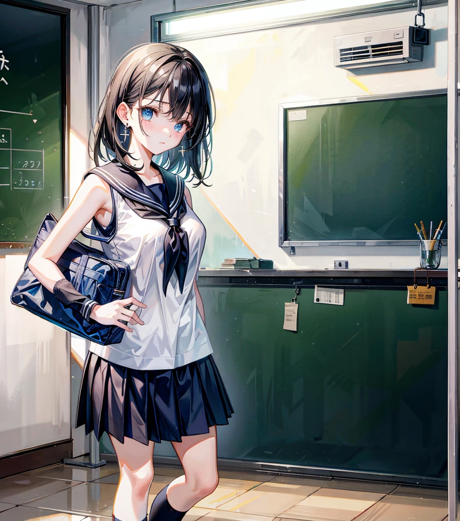 full body, earring, medium hair, medium tits, tearful mole, school_uniform, sailor uniform, sleeveless, school, classroom,