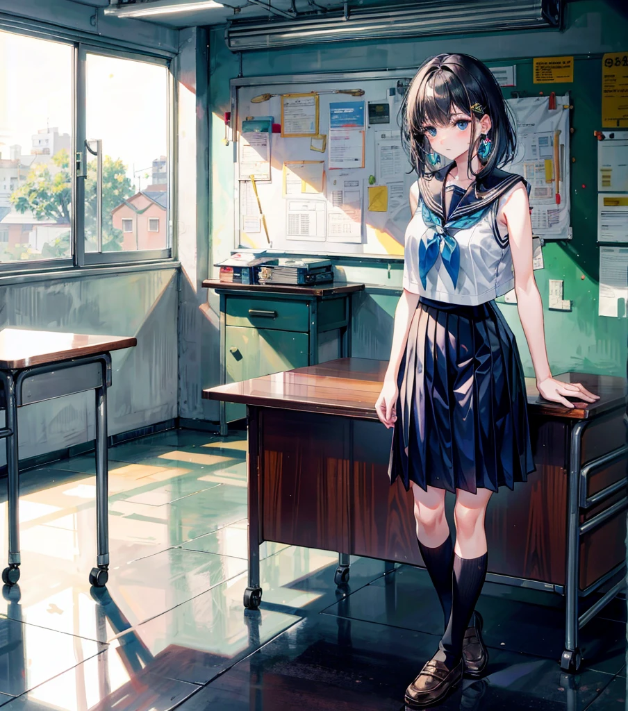 full body, earring, medium hair, medium tits, tearful mole, school_uniform, sailor uniform, sleeveless, school, classroom,