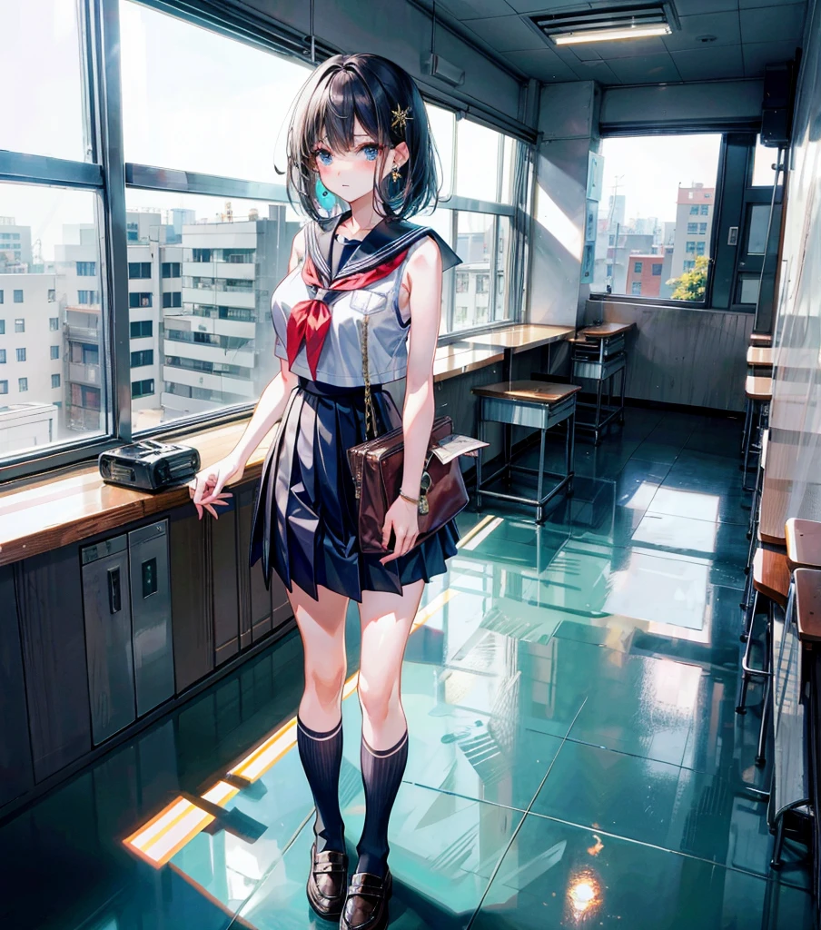 full body, earring, medium hair, medium tits, tearful mole, school_uniform, sailor uniform, sleeveless, school, classroom,