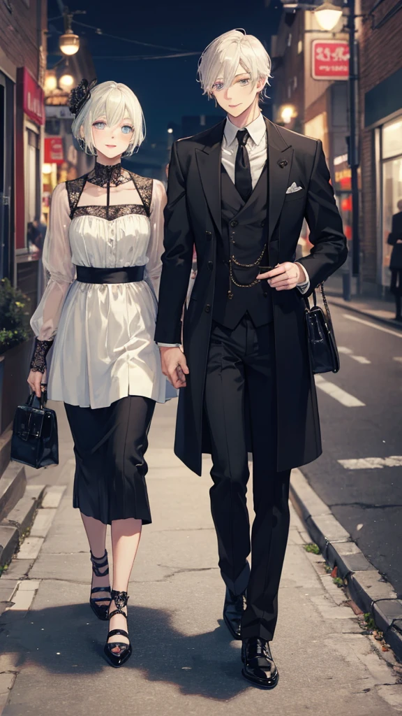 masterpiece, Top quality, Other 2, Male couple, 1 person 1,, Adults, Height difference, Different fashion, Different colors, Exquisite eyes and detailed face, Intricate details, black butler fashion, modern city street, a smile, happiness, tenderness, Queer, Man&#39;s love, High level of image quality、 two handsome men、High target、upper part of body、dusk、Night view、art itself、Korean male, Korean Pop, Professional photos, vampire, Fedorman with necklace, Inspired by meditation, 雌雄同體的vampire, :9 Detailed Face: 8, The face is rich in detail, Detailed punk hairstyle, ((Eyes are brown)) Eye bags, Tempting. Very detailed, semi realistic anime, vampire執事, Surreal Teenagers, Delicate hermaphroditic prince, sheep, Short hair above the ears, Short hairstyle for men, And a purple-haired man with a wild expression, Man with light blue hair with gentle expression, and a short-haired man with bright purple hair, Man with light blue hair, Take a selfie of two people