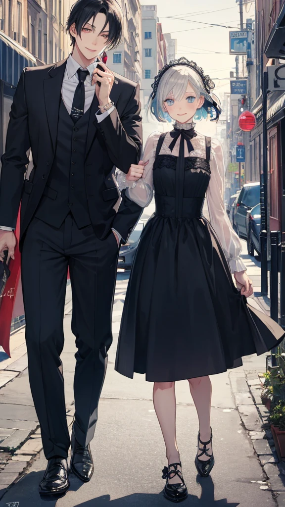 masterpiece, Top quality, Other 2, Male couple, 1 person 1,, Adults, Height difference, Different fashion, Different colors, Exquisite eyes and detailed face, Intricate details, black butler fashion, modern city street, a smile, happiness, tenderness, Queer, Man&#39;s love, High level of image quality、 two handsome men、High target、upper part of body、dusk、Night view、art itself、Korean male, Korean Pop, Professional photos, vampire, Fedorman with necklace, Inspired by meditation, 雌雄同體的vampire, :9 Detailed Face: 8, The face is rich in detail, Detailed punk hairstyle, ((Eyes are brown)) Eye bags, Tempting. Very detailed, semi realistic anime, vampire執事, Surreal Teenagers, Delicate hermaphroditic prince, sheep, Short hair above the ears, Short hairstyle for men, And a purple-haired man with a wild expression, Man with light blue hair with gentle expression, and a short-haired man with bright purple hair, Man with light blue hair, Take a selfie of two people