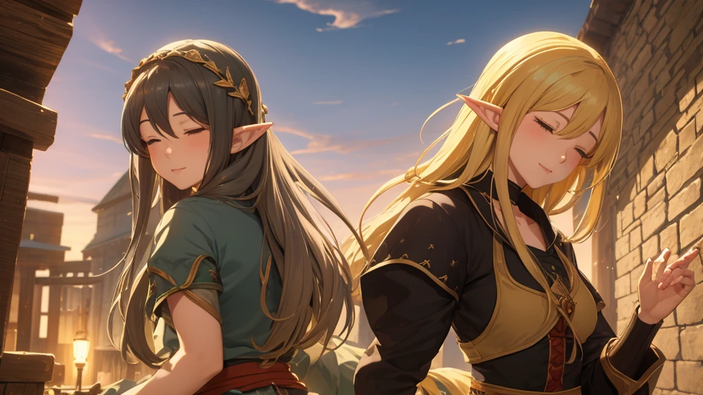 Anime Style,The medieval world,A lively bar with many people,Beautiful sky,Beautiful bard elf girl with closed eyes