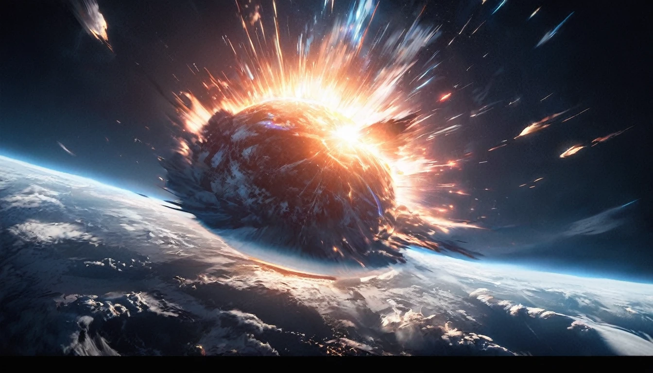 Resolution full,  very accurate, best quality, masterpiece,  cinematic lighting, full HD, very sharpener, best art, very accurate, 1earth, destroyed earth, earth explode, end of world, nuclear, space, dark, dark theme, dark