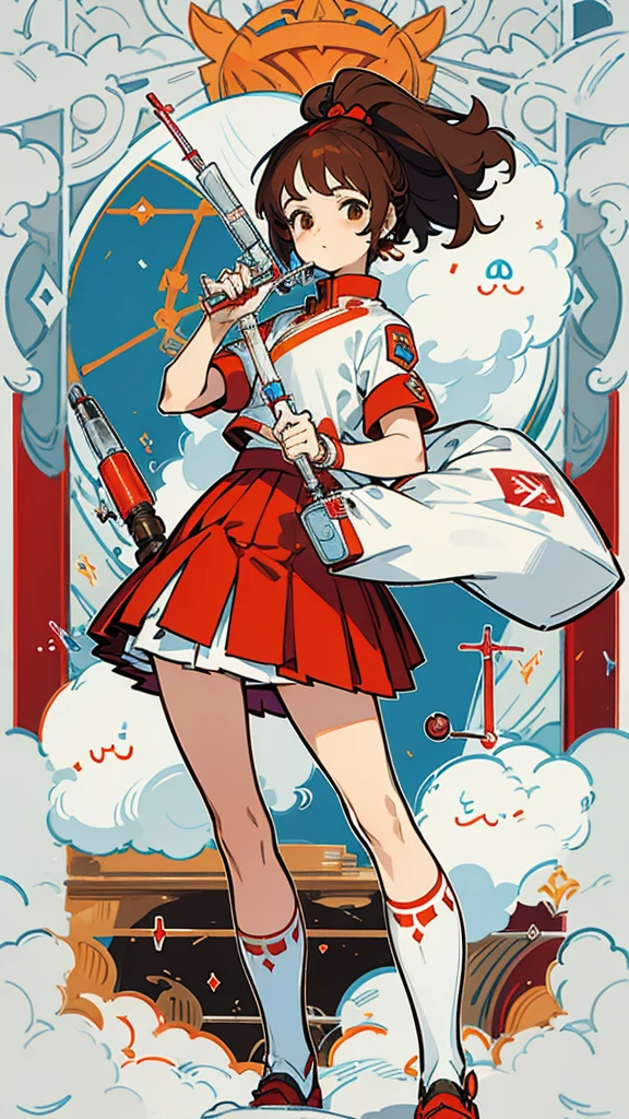 Gita was a -yeld giwearing a white primary  with a red skirt. Her long, brown hair is neatly styled. In this picture, Gita is posing with an insulin syringe in her hand. She holds the device carefully, showing courage and assertiveness on her face.