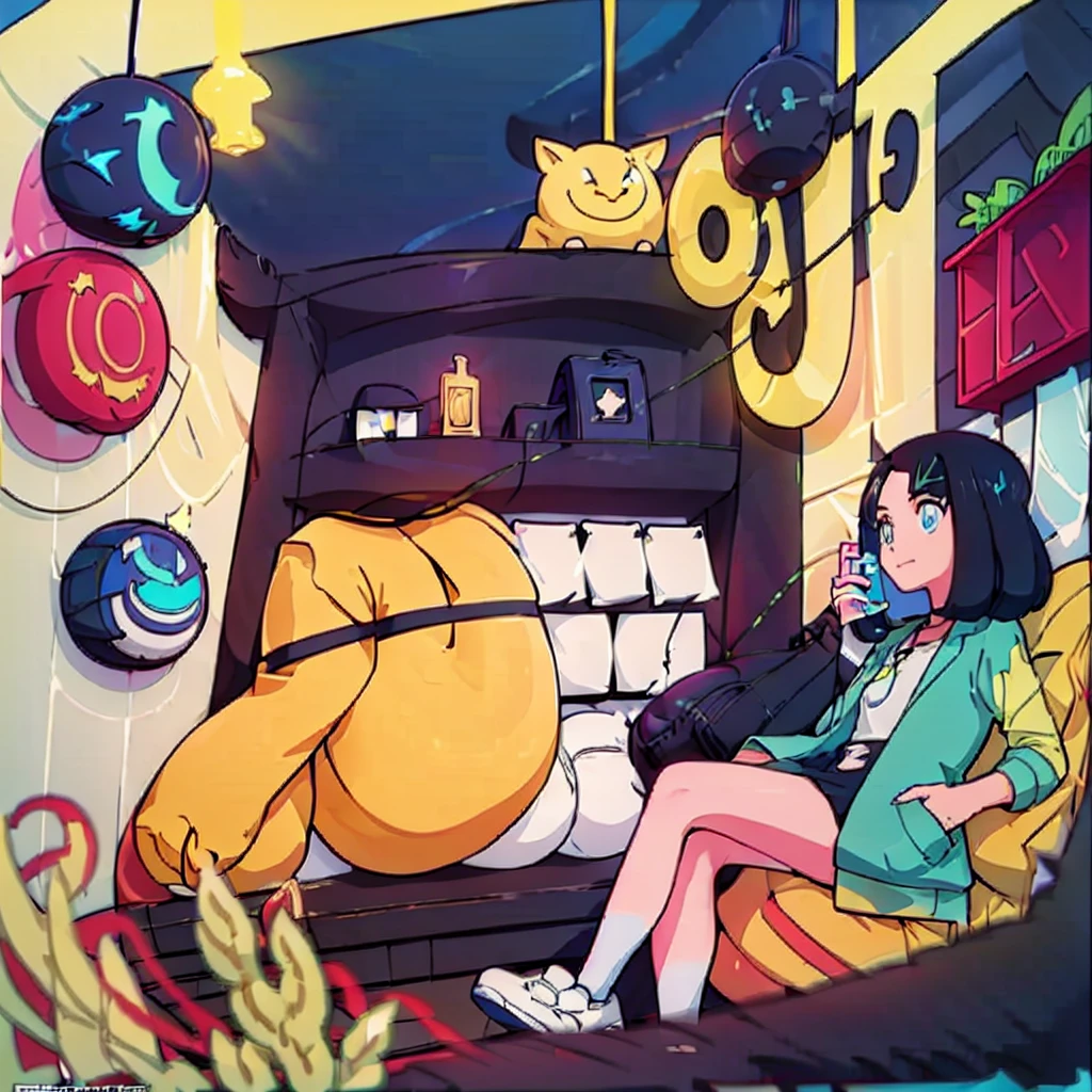 (masterpiece), Highest quality, Expressive eyes, Neon pastel aesthetics, Retro 90s, Neon color,((Girl sitting on sofa,In a cozy room,Records hanging on her wall, Comic books on the floor, Looking out the window behind her at the night city, Upholstered room, Anime figures lined up on a shelf)), Wearing headphones, (All around her it sparkles), (wearing thick colorful sneakers), (blue eyes), (Soft look), (Synthwave Art Style), Colorful Hair, Desk with PC set up