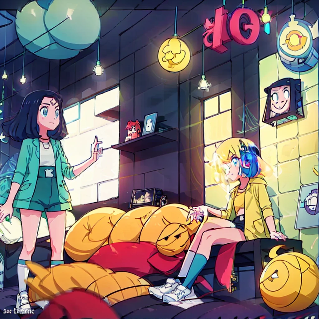 (masterpiece), Highest quality, Expressive eyes, Neon pastel aesthetics, Retro 90s, Neon color,((Girl sitting on sofa,In a cozy room,Records hanging on her wall, Comic books on the floor, Looking out the window behind her at the night city, Upholstered room, Anime figures lined up on a shelf)), Wearing headphones, (All around her it sparkles), (wearing thick colorful sneakers), (blue eyes), (Soft look), (Synthwave Art Style), Colorful Hair, Desk with PC set up