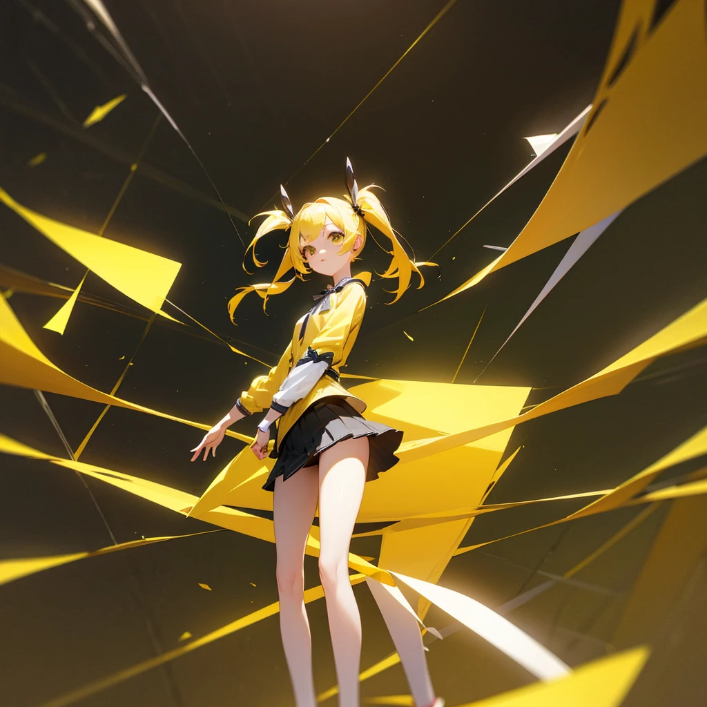 girl in a very short skirt, yellow hair, Twin Tail, full height, 3D wallpaper.