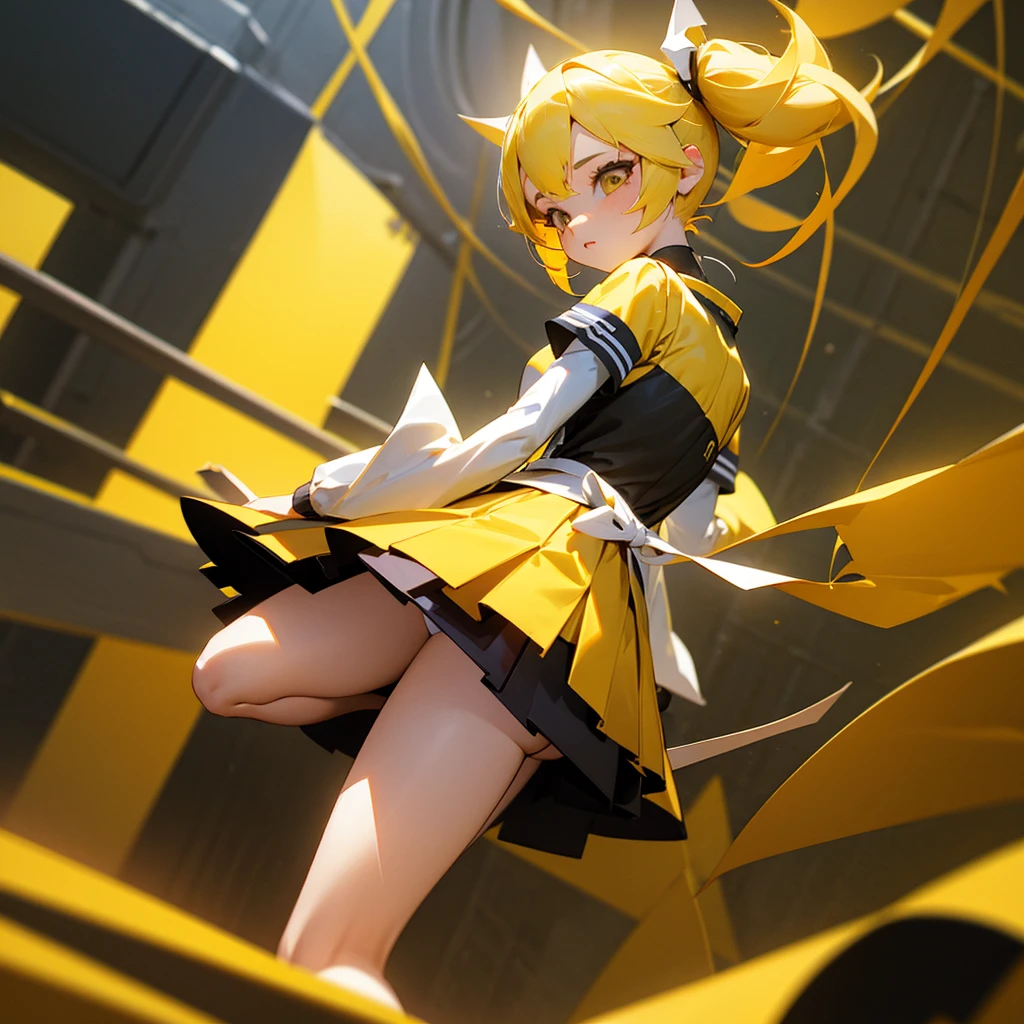 girl in a very short skirt, yellow hair, Twin Tail, full height, 3D wallpaper.
