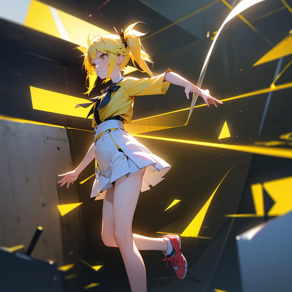 girl in a very short skirt, yellow hair, Twin Tail, full height, 3D wallpaper.