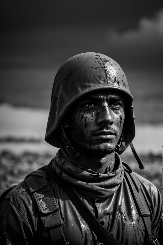 black and white photo of male soldier at war whose eyes look hopeless His face was covered in blood and mud. A few tears came out.