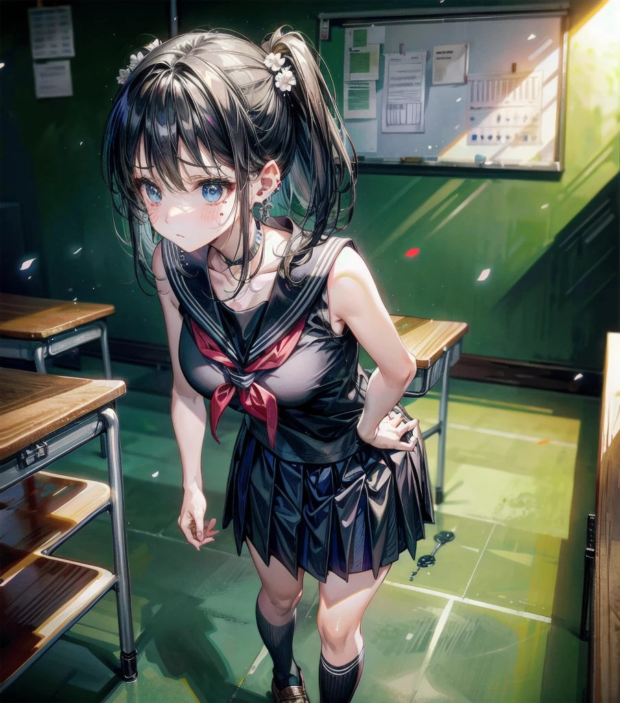 full body, earring, medium hair, medium tits, tearful mole, school_uniform, sailor uniform, sleeveless, school, classroom,