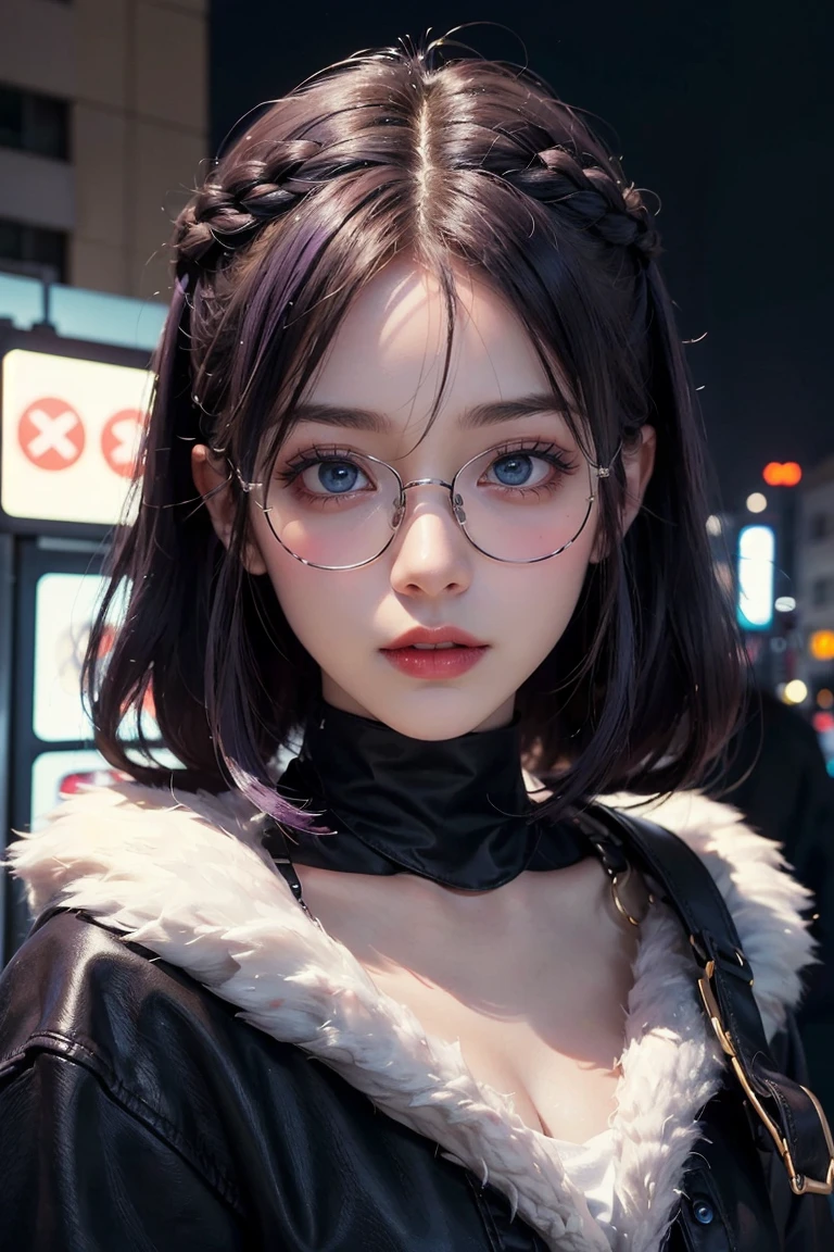 ((best quality)), ((masterpiece)), (detailed), perfect face 1 girl, purple hair, beautiful hair, blue eyes, make up, perfect face, perfect body, winter, tokyo, night, cellphone, glasses, wolf cut hairstyle
