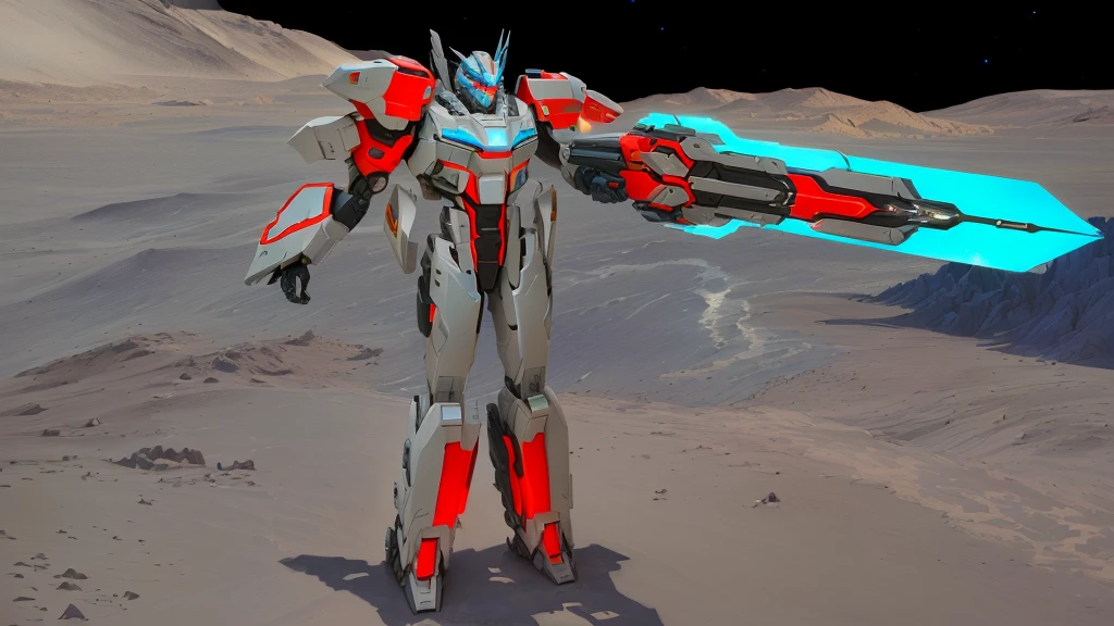transformers, a grey colored male transformer with red inserts, symmetrically arranged red parts, on the frontof the body not transparent cabin, arms from elbows to hands look like the front part of a aircraft, wheels are visible on the shoulders, He holds a big sci-fi weapon, no helmet, light blue eyes, two legs, two arms, not a suit, on a background there is an empty dark blue metal desert, no buildings, no structures, dark blue storm clouds, light blue lightning from the clouds, blue river, river to the horizon, electrified river, light blue lightning from the river, space sky, stars in the sky, composition on the metal planet, big metalic planet, dark-blue metal, shiny metal, cybertron, mechanical planet, empty wasteland, dark blue storm clouds, light blue lightning from clouds, blue river, river to horizon, electrized river, light blue lightning from river, space sky, stars on the sky, realistic, watercolor, 4k, high quality, hight attention to details, concept art, concept art by Chris Mowry.