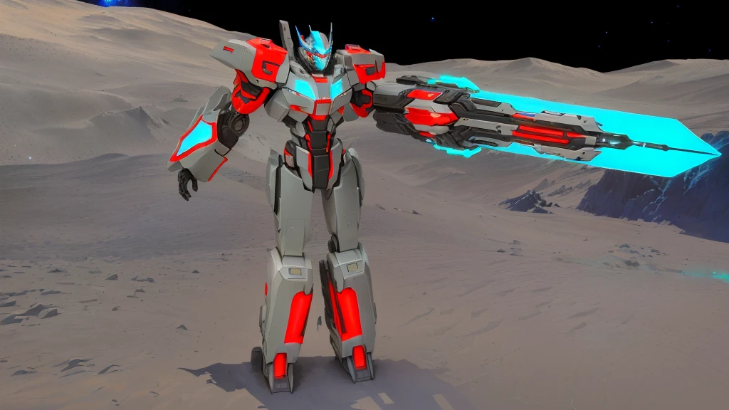 transformers, a grey colored male transformer with red inserts, symmetrically arranged red parts, on the frontof the body not transparent cabin, arms from elbows to hands look like the front part of a aircraft, wheels are visible on the shoulders, He holds a big sci-fi weapon, no helmet, light blue eyes, two legs, two arms, not a suit, on a background there is an empty dark blue metal desert, no buildings, no structures, dark blue storm clouds, light blue lightning from the clouds, blue river, river to the horizon, electrified river, light blue lightning from the river, space sky, stars in the sky, composition on the metal planet, big metalic planet, dark-blue metal, shiny metal, cybertron, mechanical planet, empty wasteland, dark blue storm clouds, light blue lightning from clouds, blue river, river to horizon, electrized river, light blue lightning from river, space sky, stars on the sky, realistic, watercolor, 4k, high quality, hight attention to details, concept art, concept art by Chris Mowry.
