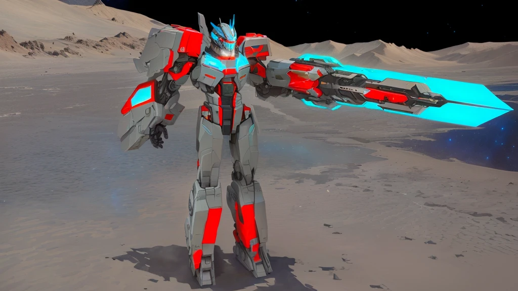 transformers, a grey colored male transformer with red inserts, symmetrically arranged red parts, on the frontof the body not transparent cabin, arms from elbows to hands look like the front part of a aircraft, wheels are visible on the shoulders, He holds a big sci-fi weapon, no helmet, light blue eyes, two legs, two arms, not a suit, on a background there is an empty dark blue metal desert, no buildings, no structures, dark blue storm clouds, light blue lightning from the clouds, blue river, river to the horizon, electrified river, light blue lightning from the river, space sky, stars in the sky, composition on the metal planet, big metalic planet, dark-blue metal, shiny metal, cybertron, mechanical planet, empty wasteland, dark blue storm clouds, light blue lightning from clouds, blue river, river to horizon, electrized river, light blue lightning from river, space sky, stars on the sky, realistic, watercolor, 4k, high quality, hight attention to details, concept art, concept art by Chris Mowry.