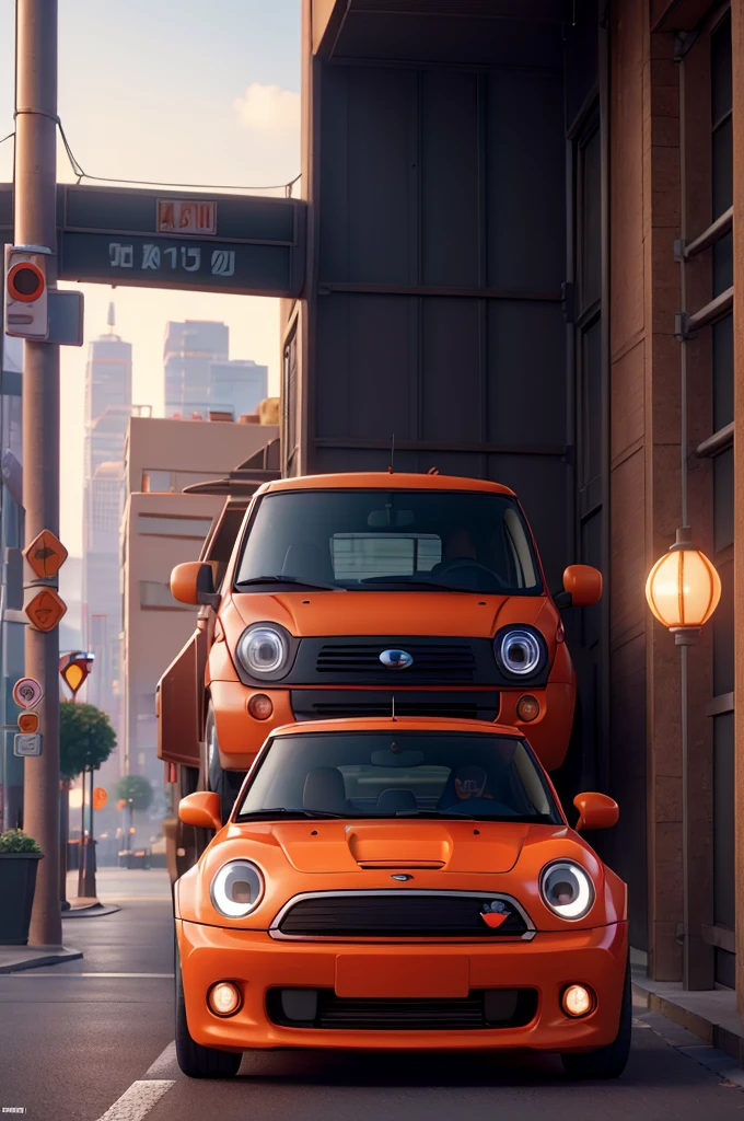 Super high quality, photorealistic, extremely detailed CG, 8k picture wallpaper, orange one-box car, Japanese mini car, orange commercial van, Depth of field, Cinematic Light, Lens Flare, Ray tracing, intricate detail, (extremely beautiful design), (ultra detailed) textures, (extremely beautiful) orange color, (unique and eye-catching) headlights, (beautiful) taillights, (sleek and stylish) body design, (detailed) interior with modern technology, (tight fitting) orange paint, (without people in the background), (moving) on a bustling city street, (without pedest