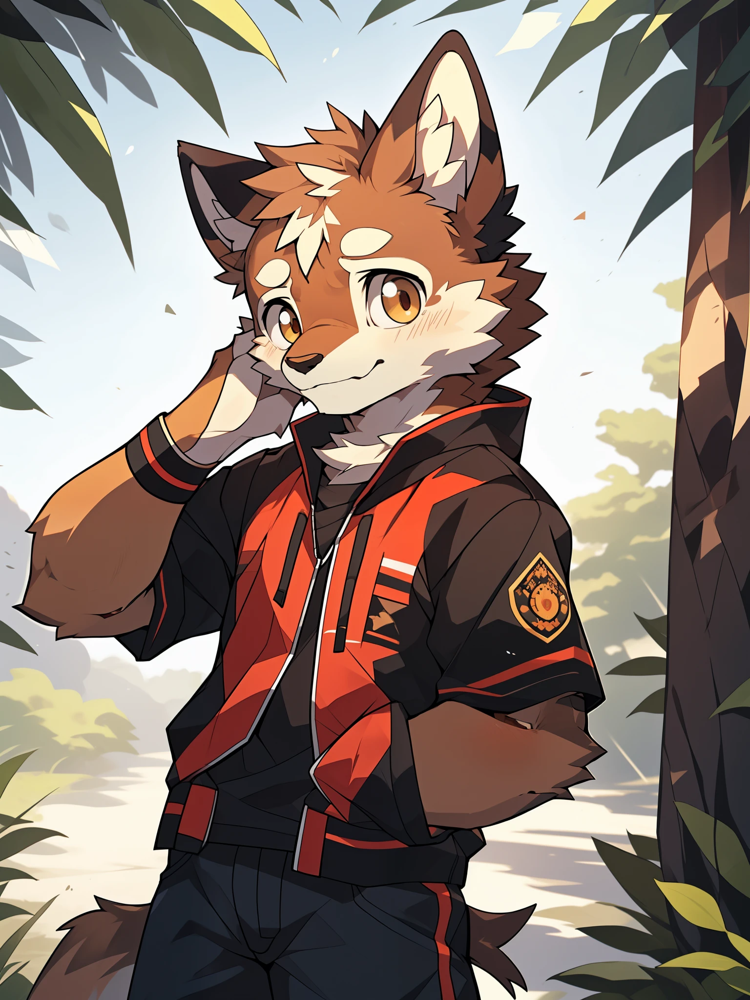 (highest resolution, Dynamic HDR, 4k, full HD) , furry, 18 years old, หมาป่าขนbrown, ตัวbrown, brown_eyes, Random clothes, A little embarrassed, shrink, upper body, round_cornea