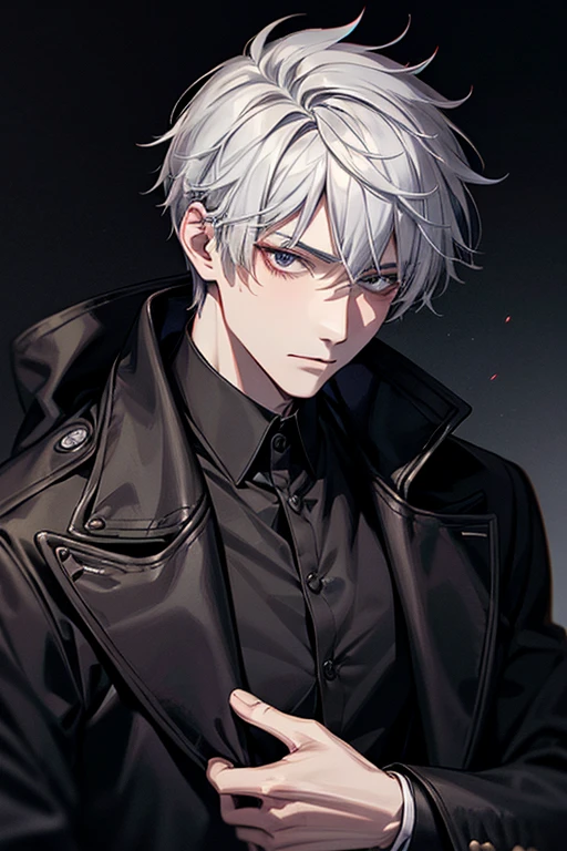 masterpiece, best quality, face detail, alone, male, gray hair, black eye, black coat, black shirt, 24-year-old boy, hyundai, black background