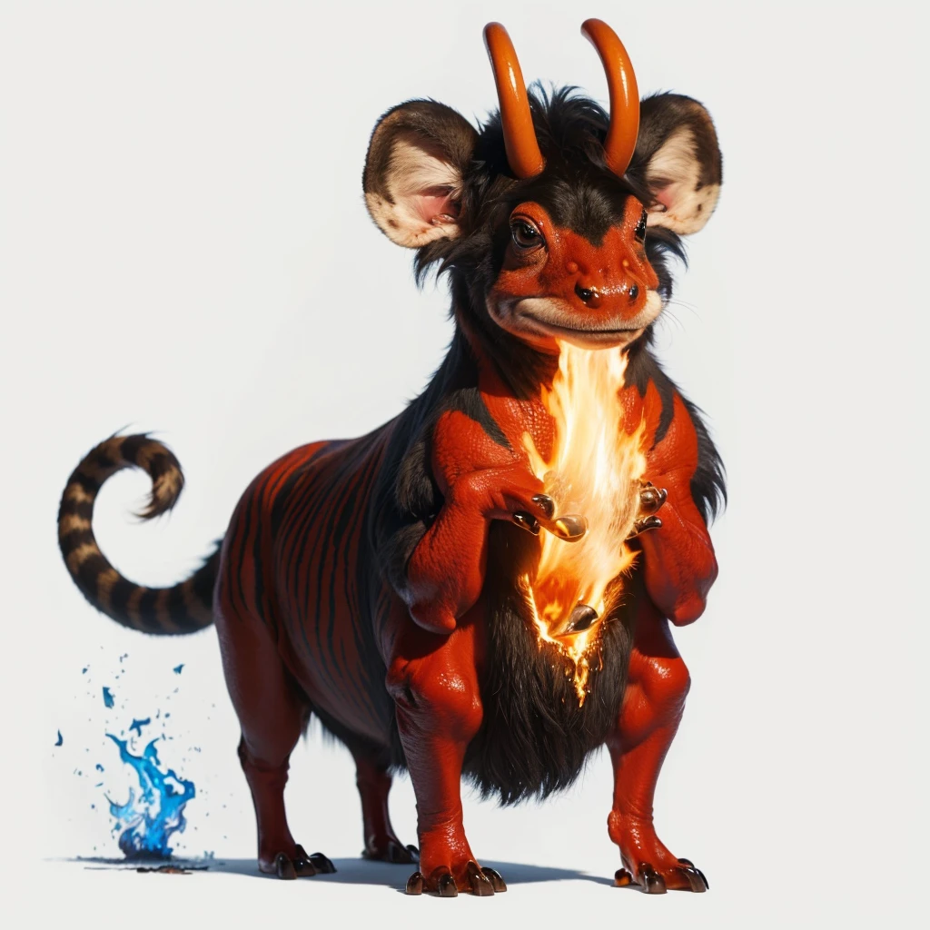 Small Animaly, (tall animal), has reds stripes on his skin, his body is shaped like a mammoth but his face is like a frog and a fire, Grassroots background