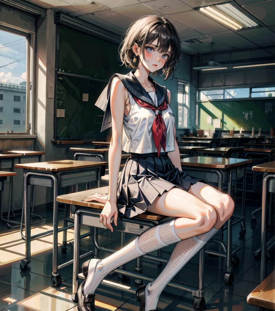 full body, earring, medium hair, medium tits, tearful mole, school_uniform, sailor uniform, sleeveless, school, classroom,