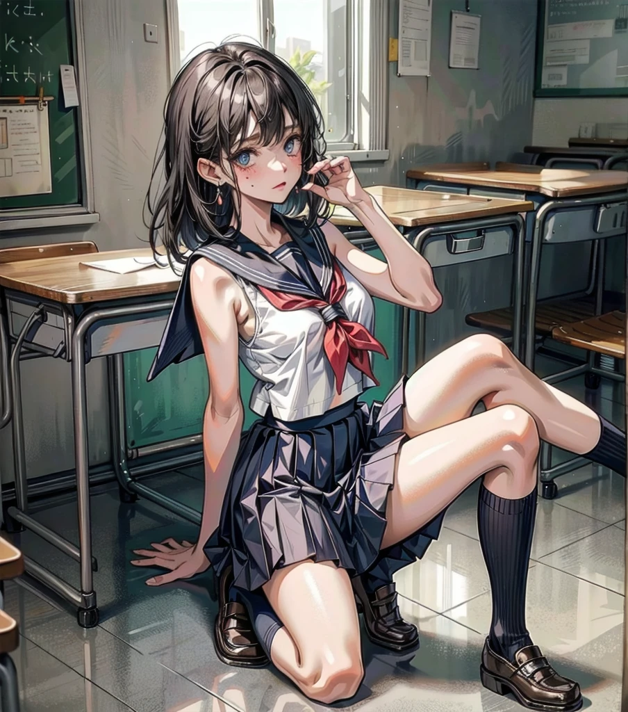 full body, earring, medium hair, medium tits, tearful mole, school_uniform, sailor uniform, sleeveless, school, classroom,