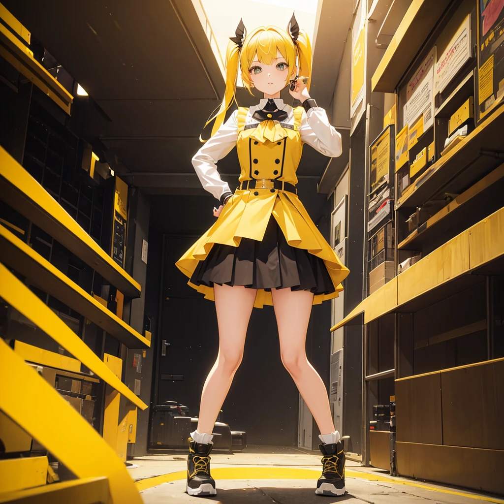 girl in a very short skirt, yellow hair, Twin Tail, full height, 3D wallpaper.