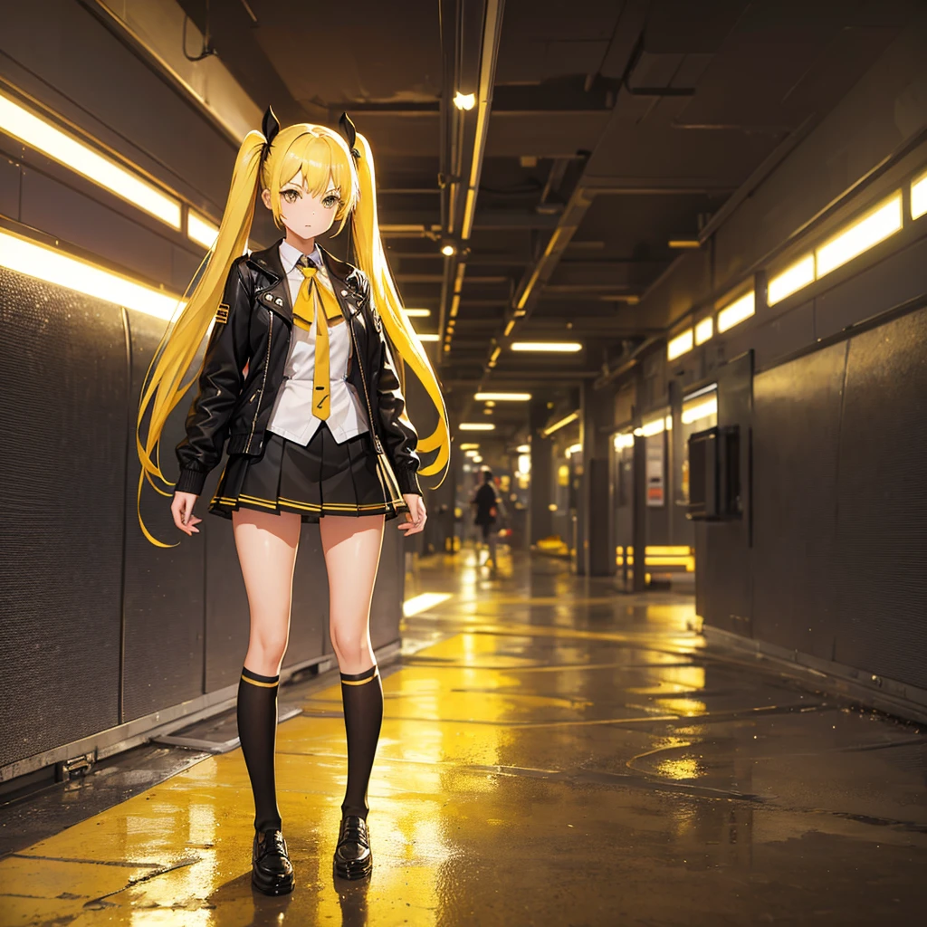 girl in a very short skirt, yellow hair, Twin Tail, full height, 3D wallpaper.