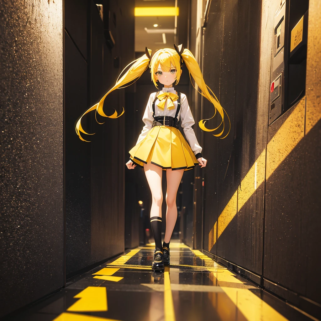 girl in a very short skirt, yellow hair, Twin Tail, full height, 3D wallpaper.