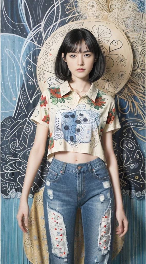 (Black Shorthair:1.2), (a 20 yo woman), (A hyper-realistic), (Masterpiece), (8KUHD), Looking at the camera, Slender waist, Wearing jeans, ((Floral Clothing - T-Shirts)), large full breasts, abstract painting, (doodle:1.46)