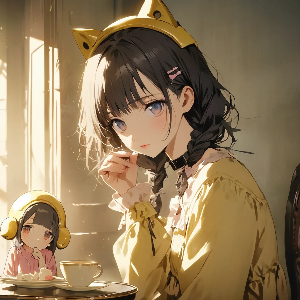 (Cute 3girls:1.5), (first girl with closs hair pin,pale purple hair,wavy two braids,bluntbangs hair,green and black eyes,
pink shirt,cosplay, jirai kei, bangs, black skirt, black bow, looking at viewer, bow, long sleeves, choker, ribbon,pink lips, :1.4),BREAK,(second girl with a short brown haircut wearing a yellow helmet, cat ears on the helmet, brown eyes, a yellow dress:1.3), BREAK,(third girl with black long hair, blue eyes,wearing a sheep's headgear:1.3), BREAK, (masterpiece:1.3), anime visual, (Lovey-dovey:1.5), (tilt head:1.3), extremely delicate face, soft clean focus, realistic lighting and shading, (an extremely delicate and beautiful art:1.3), elegant, (muted colors:1.1), the three of them drinking tea together, a cake stand between them,