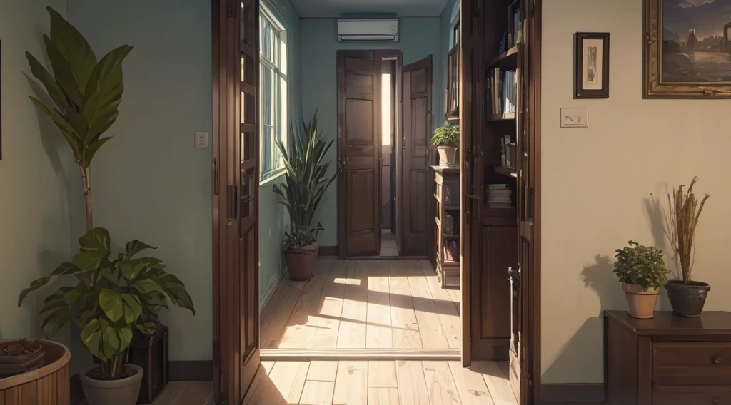 (best quality, 4k, 8K, high resolution, masterpiece: 1.2), Very detailed, (nobody: 1.5), Outside the door，Open door， indoor，cozy indoor, lamp, bookshelf, Potted plants，Sunlight，Warmth