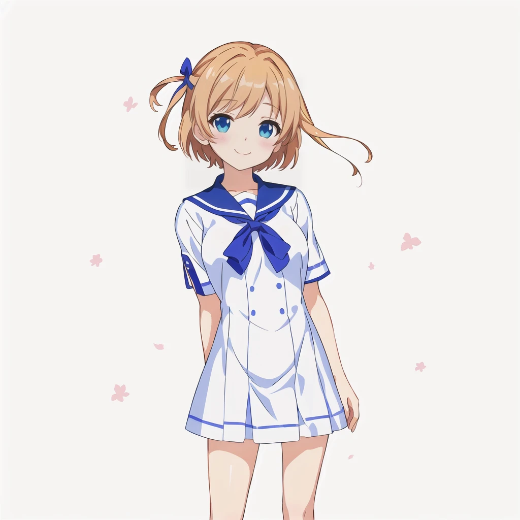 Highest quality, high resolution, High quality anime art style, Official Art, Smooth anime CG art, Stylized anime, Cute 3D anime girl render, Visual Novel Sprites,White background, Anime-style 3D, Smooth anime CG art, Humanoid Girl, JRPG Characters, Anime girl in sailor suit with ribbon, Short sleeve, smile, Chestnut Hair, short hair, Floral clothes, Small Bust, Small breasts, 13 years old