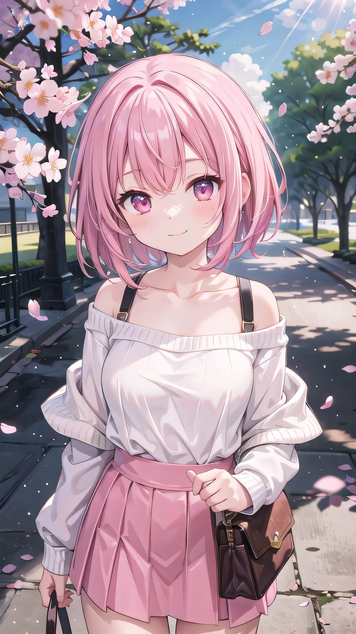 (masterpiece), Going out,cherry blossoms, Outdoor, One girl, Off-the-shoulder sweater, Medium Hair, Pink Hair, smile, Medium chest, Particles of light, Speckled sunlight