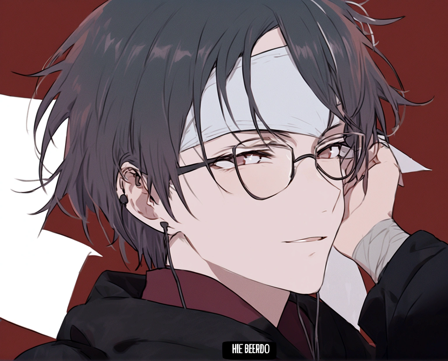 A handsome messy black haired boy with tan skin,and big brown eyes wearing glasses and earphones with a paper taped above his head,he wears a black short sleeved hoodie