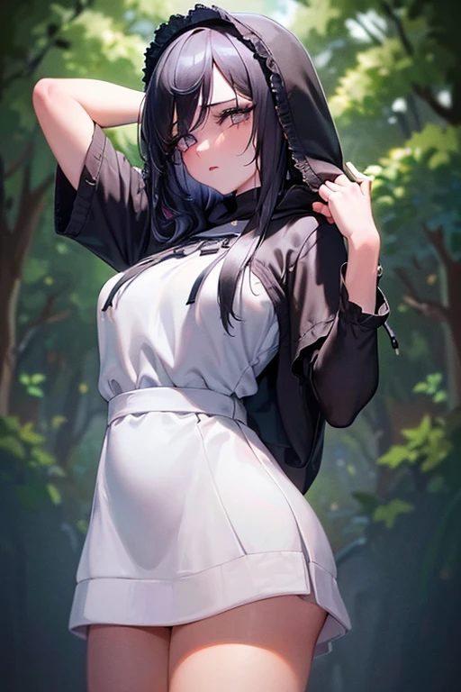 a tender girl, crying girl, white hooded sweater, short skirt, black skirt, lace stockings, depressed girl, highly detailed facial features, extremely detailed eyes and face, long eyelashes, beautiful detailed eyes, beautiful detailed lips, vibrant colors, dramatic lighting, moody atmosphere, emotional portrait, melancholic, somber mood, sorrowful expression, vulnerable, intimate, cinematic lighting, trees and grass in the background, provocative clothing, sexy, (best quality,4k,8k,highres,masterpiece:1.2),ultra-detailed,(realistic,photorealistic,photo-realistic:1.37),emotional,portrait,closeup,dramatic