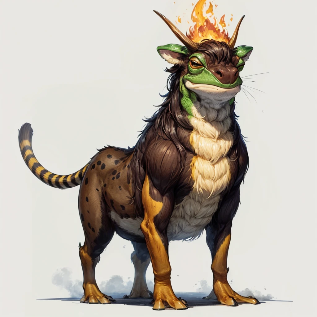 Small Animaly, (tall animal), has yellows stripes on his skin, his body is shaped like a mammoth but his face is like a frog and a fire, Grassroots background