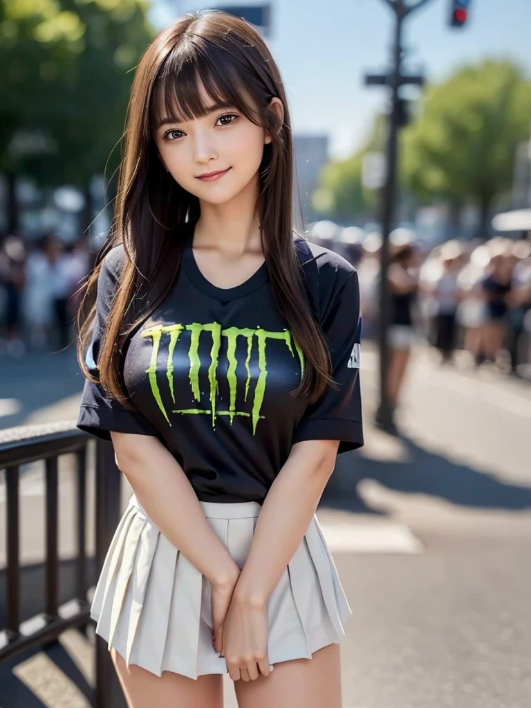 (8k, RAW Photos, Highest quality, masterpiece:1.2), (Realistic, photo-Realistic:1.4), (Highly detailed 8K wallpapers), ((Full Body Shot)), (1 girl), Sharp focus, Depth of written boundary, Cinematic lighting, Soft Light, 緻密な美しさのeye, eye_Chan, Very beautiful 17 year old girl, innocent big eyes, Realistic, photo Realistic, Highly detailed cute girl, (Thin thighs), (Model Body Type), 18-year-old, (((Monster Energy Yamaha MotoGP polo shirt))), ((Micro Mini Pleated Skirt)), (((Fold your arms in front of your chest and act arrogantly))), ((A happy smile)), Parted lips, Watching the audience, (On the streets of Britain) , (Brown Hair),(Long Bob Hair), (Asymmetrical bangs)