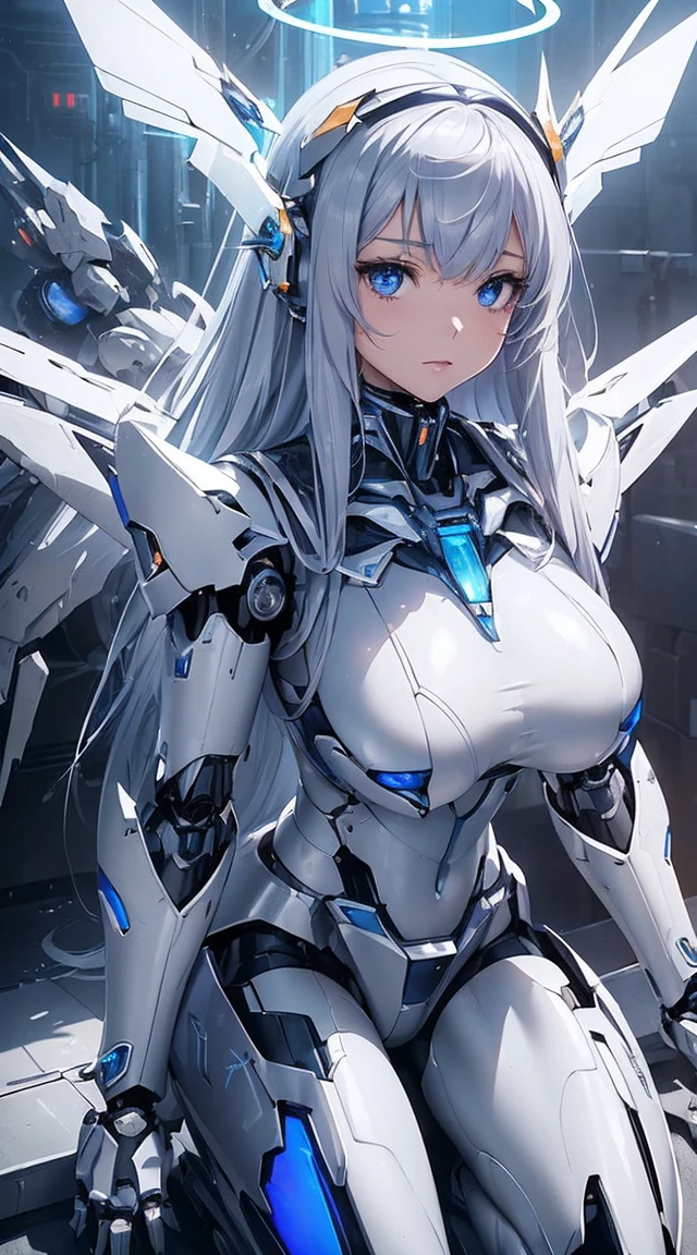 (Sit with one knee on the machine:1.6)、(Full body description:1.3)、((Shining lenses on both breasts:1.3))、((Blue pillars of light are emanating from both chests.:1.3))、smile、((8k)), ((32k)), ((Highest quality)), ((masterpiece)), ((超A high resolution)), ((Tmasterpiece)), ((halo:1.4))、((Mechaニカルheadgear:1.2))、((Cyber headphones:1.3))、Fine skin, High quality fabric, Fine metal texture、((Beautiful and dense face))、RAW Photos、Professional, Ultra-fine painting, ((alone)), Beautiful breasts、Highest quality, Very detailed, Very detailed詳細, Finer details, so beautiful, ((Princess Knight Robot:1.2)),  (Joints of machines, Mechanical Limbs:1.3), (The internal structure of the machine is exposed:1.3), (Long silver hair:1.1), (Beautiful and huge mechanical breasts)、White Veil, cowboy_shot, Side Focus, headgear, Shiny、(Five Fingers, Four fingers and thumb),Concept Art, Anime fantasy artwork, Detailed fantasy art, (with pale blue-violet hair and large white wings,,,,,,,), (((Long silver hair))), (Mecha:1.6)、Sleek and intimidating design, ((Commander-in-Chief&#39;arm)), (Perfect robot body)、純白と青紫armまたは, Symmetrical wings, 8K high quality, detailed art, 3D rendering of character art in 8K, neat legs, Defined, Defined fingers,