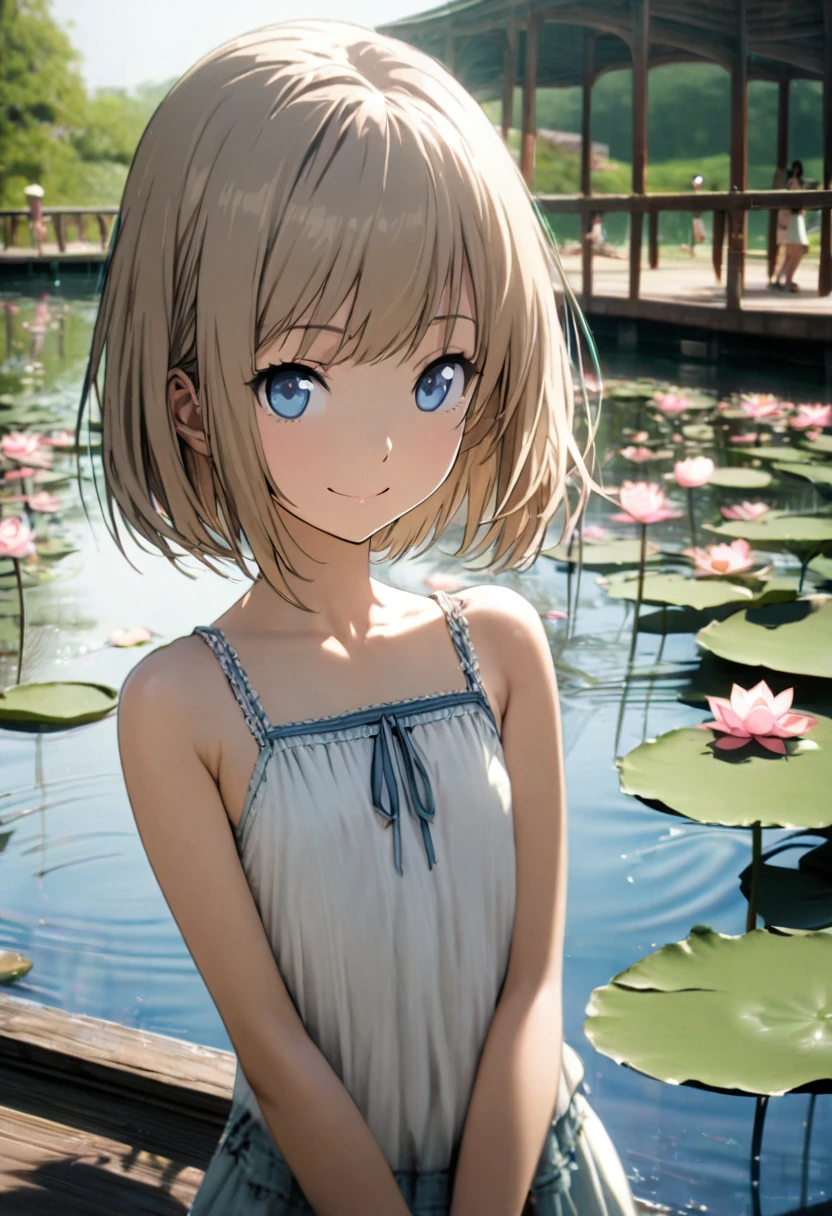 1 girl, 18yo, (flat chest: 1.5), blue eyes, light brown hair, bob cut, early summer outfit, smiling, posing, having fun, upper body, A lotus pond with many blooming lotus flowers, boardwalk, blue sky, 8k, RAW photo, best quality, masterpiece, extremely detailed 8k wallpaper, ultra-detailed, best shadow, detailed background, beautiful detailed face, beautiful detailed eyes, nice hands, perfect hands