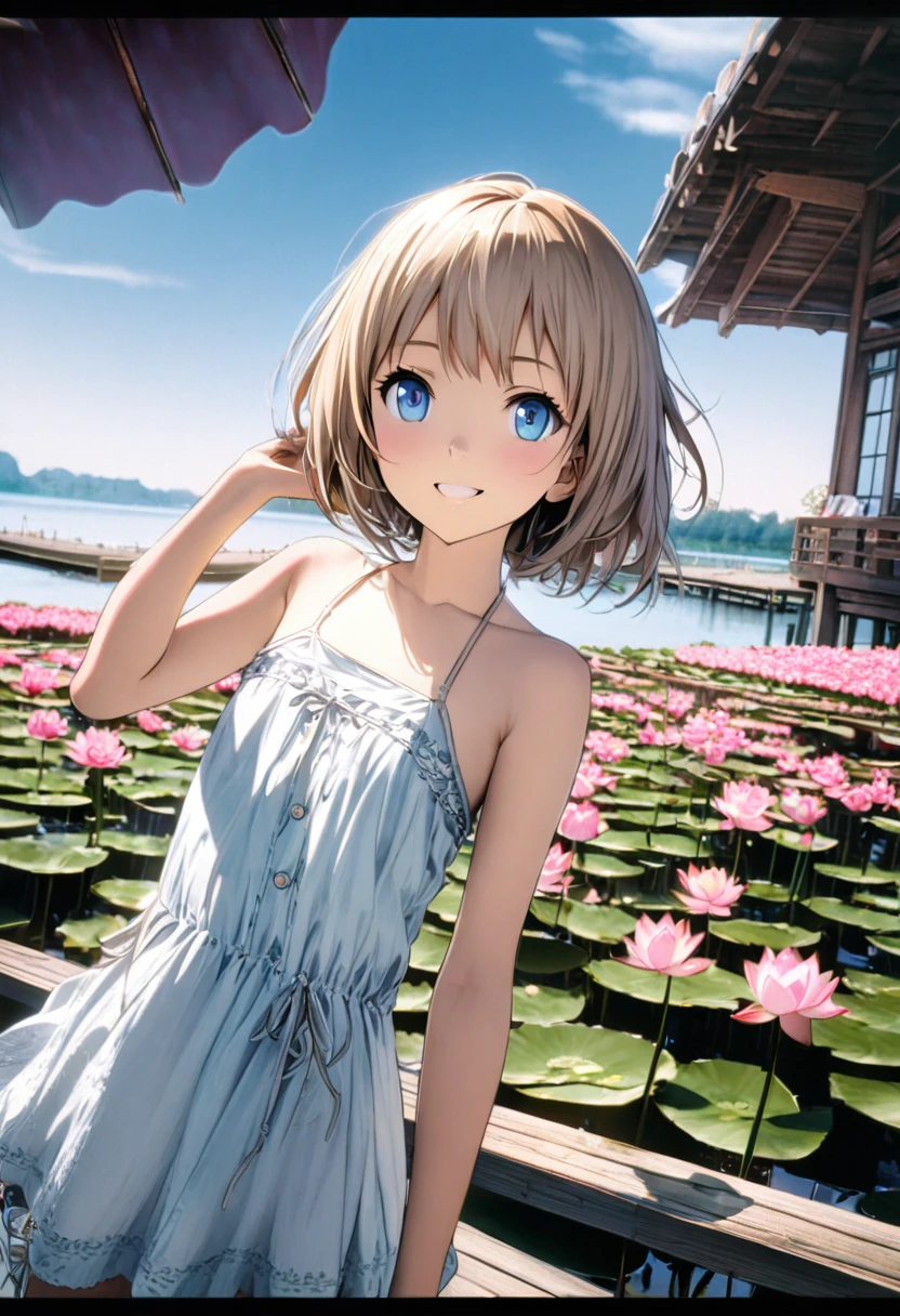 1 girl, 18yo, (flat chest: 1.5), blue eyes, light brown hair, bob cut, early summer outfit, smiling, posing, having fun, upper body, A lotus pond with many blooming lotus flowers, boardwalk, blue sky, 8k, RAW photo, best quality, masterpiece, extremely detailed 8k wallpaper, ultra-detailed, best shadow, detailed background, beautiful detailed face, beautiful detailed eyes, nice hands, perfect hands