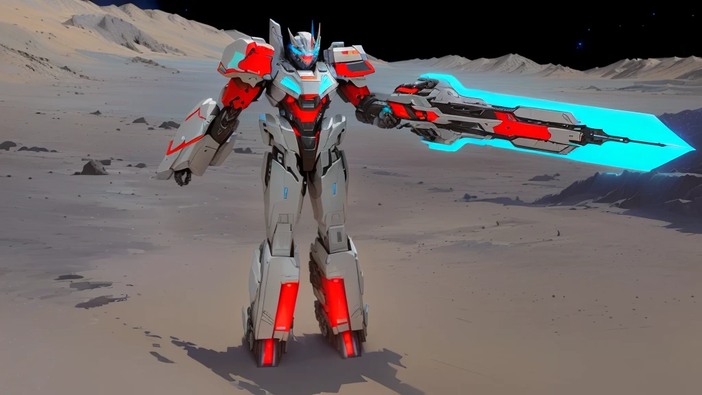 transformers, a grey colored male transformer with red inserts, symmetrically arranged red parts, on the frontof the body not transparent cabin, arms from elbows to hands look like the front part of a aircraft, wheels are visible on the shoulders, He holds a big sci-fi weapon, no helmet, light blue eyes, two legs, two arms, not a suit, on a background there is an empty dark blue metal desert, no buildings, no structures, dark blue storm clouds, light blue lightning from the clouds, blue river, river to the horizon, electrified river, light blue lightning from the river, space sky, stars in the sky, composition on the metal planet, big metalic planet, dark-blue metal, shiny metal, cybertron, mechanical planet, empty wasteland, dark blue storm clouds, light blue lightning from clouds, blue river, river to horizon, electrized river, light blue lightning from river, space sky, stars on the sky, realistic, watercolor, 4k, high quality, hight attention to details, concept art, concept art by Chris Mowry.