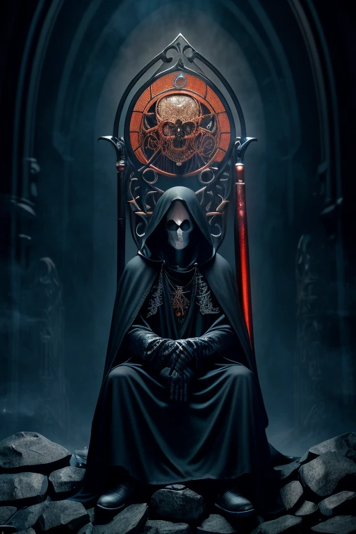 a skeletal figure of la santa muerte wearing a black hooded cloak, glowing red eyes, sitting on a cliff edge, holding a scythe, (best quality,4k,8k,highres,masterpiece:1.2),ultra-detailed,(realistic,photorealistic,photo-realistic:1.37),HDR,UHD,studio lighting,ultra-fine painting,sharp focus,physically-based rendering,extreme detail description,professional,vivid colors,gothic,horror,dark fantasy,dramatic lighting,moody